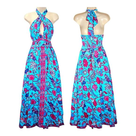 CAROLINA CONSTAS Criss‎ Cross Halter Fit-N-Flare Smocked Maxi Dress Turquoise XS - Picture 2 of 11